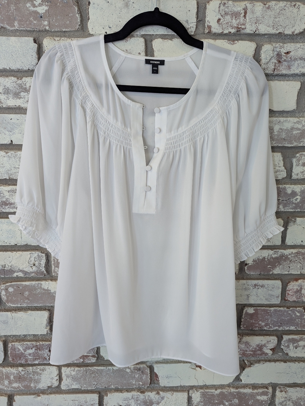 Express White Smocked Short Puff Sleeve Half Button Up Top